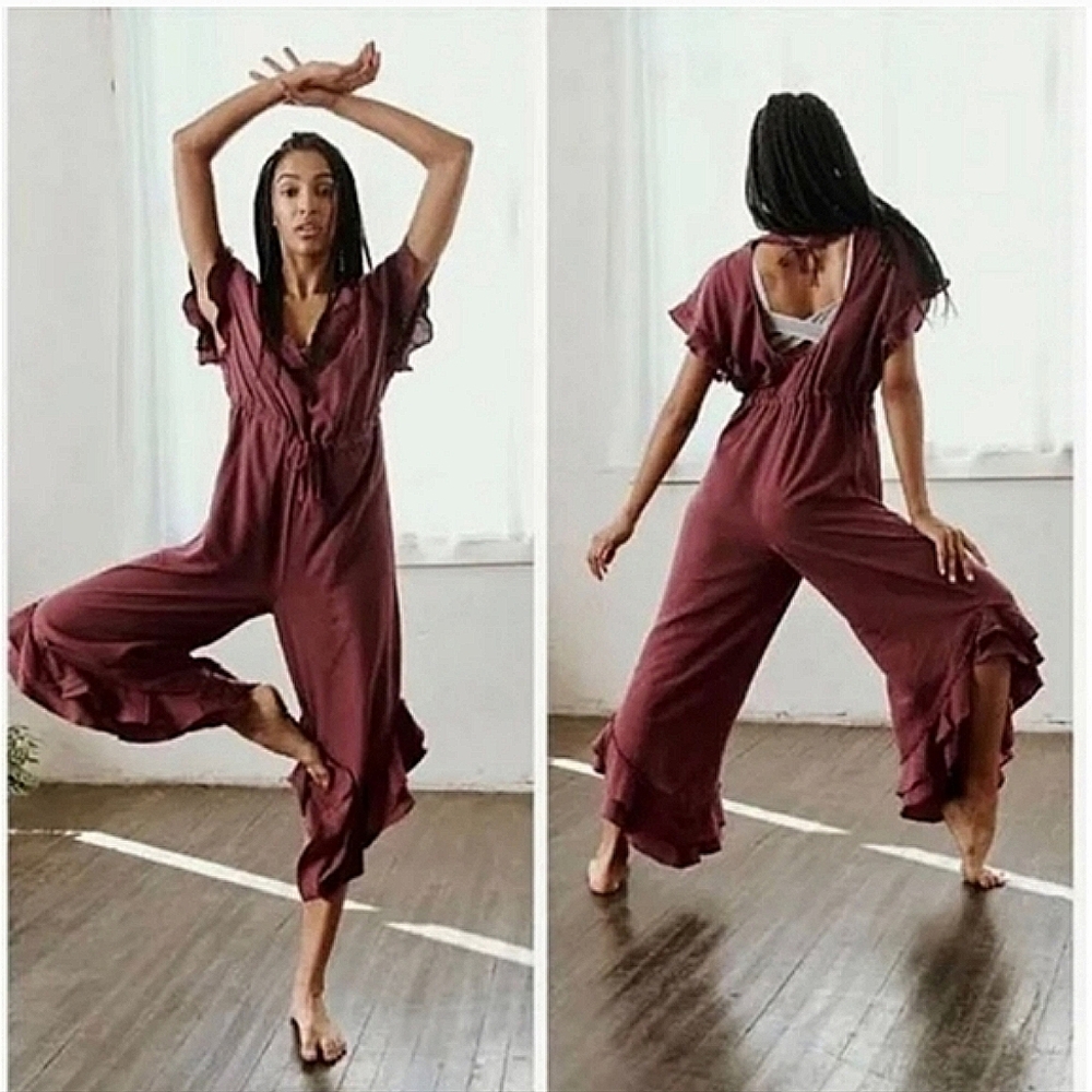 FP Movement Shelter Ruffle Jumpsuit Free People Wine Bordeaux size M
